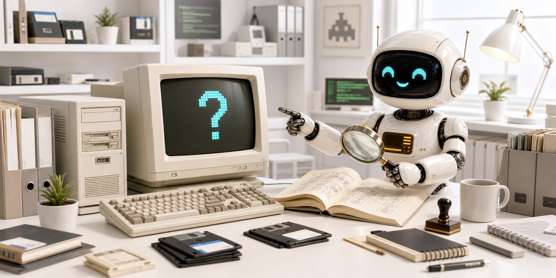 D.O.S.I. untersucht an einem Retro-Computer eine technische Frage.
