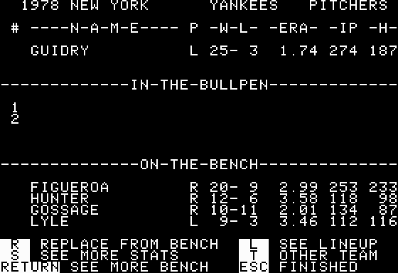 Pitcher lineup in the IBM PC Booter version