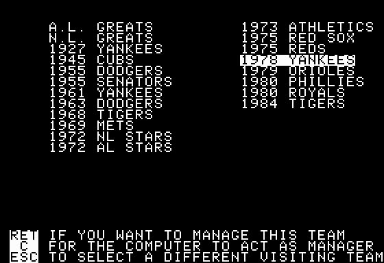 Team selection in the IBM PC Booter version